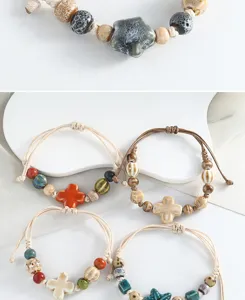Handmade ceramic beaded bracelet set with cute cross and star charms for women gift