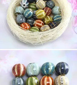 Ceramic bead detail shot showing retro glazed texture and colorful stripe design.