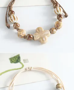 Handmade ceramic clover beaded bracelet, New Chinese style woven cord jewelry for women gifts.