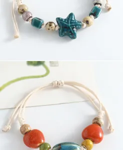 Handmade ceramic beaded bracelet detail view, featuring unique starfish and colorful glazed beads.