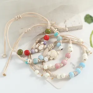Handmade ceramic turtle braided bracelet set stylish cute multi-color beaded jewelry