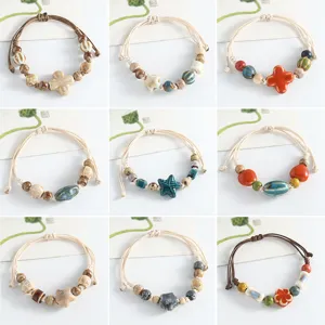 Handmade ceramic clover beaded bracelet, Chinese style braided jewelry gift for women.