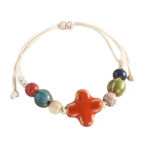 Handmade ceramic clover bracelet, new Chinese style woven cord jewelry gift for women.
