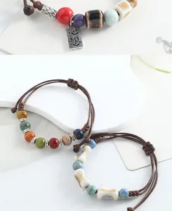 Handmade Chinese style ceramic bead braided bracelet, niche Mori style fashion wrist jewelry.