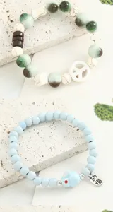 Keramik Hase Perlen Armband Set, literarischer Stil süßer handgemachter Schmuck für Damen.