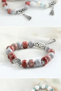 Nuovo braccialetto di perle in ceramica stile cinese con ciondoli in argento e nappe gioielli.