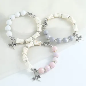 Chic ceramic beaded bracelet set with cute dragonfly charm, elegant casual women jewelry.