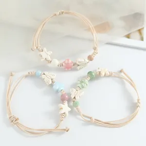 Handmade ceramic butterfly woven bracelet set, sweet style cute braided rope jewelry for women.
