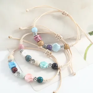 Handmade ceramic seashell braided bracelet set bohemian style vintage beaded wrist jewelry