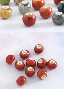 Detailed view of glazed ceramic beads for DIY jewelry making, showing fine texture and hole.