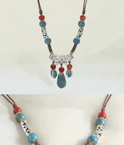 Bohemian style long ceramic beaded necklace with vintage silver metal carved pendants and rope.