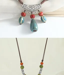 Detailed shot of bohemian ceramic pendant necklace, vintage retro sweater chain jewelry.