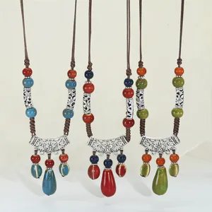 Boho Ceramic Water Drop Pendant Necklace Long Sweater Chain Vintage Woven Rope Beaded Jewelry Gift For Women