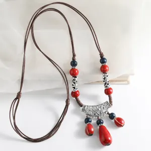 Bohemian long ceramic beaded necklace with retro pendant adjustable rope sweater chain jewelry