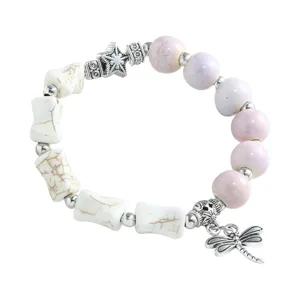 Fashion beaded bracelet for women with ceramic beads and dragonfly pendant, vintage style.