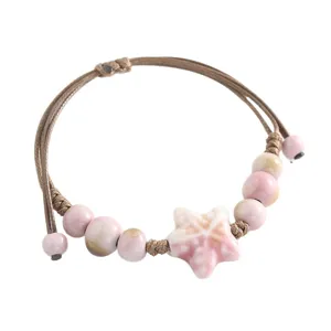 Handmade ceramic starfish bracelet, cute pink ceramic beads braided rope jewellery for women.