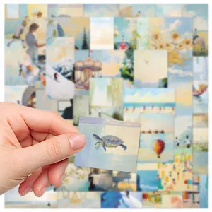 Detail shot of serene aesthetic art stickers set featuring nature landscapes and cute turtle design.