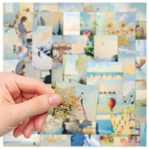 50 pcs serene art canvas stickers close up detail view, aesthetic journaling sticker decor