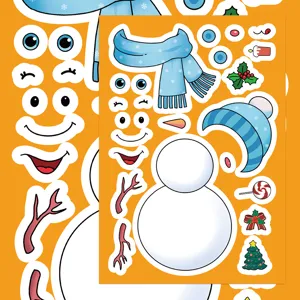 Close-up detail of DIY snowman sticker set with colorful holiday accessories and parts.