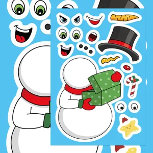 Close-up details of DIY snowman sticker set, featuring various cartoon facial and accessory pieces.