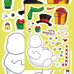 Snowman sticker detail showing various DIY parts including colorful hats, scarves, and holiday faces.