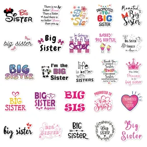Big Sister waterproof vinyl stickers detail view, showing various cute typography and designs for luggage.