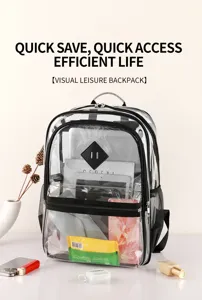 Transparenter PVC Rucksack Detailansicht mit klarem Design, vielen Fächern und Gurten.