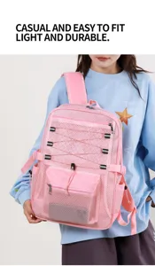 Pink mesh hollow-out backpack for travel and fitness, breathable and lightweight casual daypack.