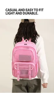 Zaino in rete rosa, grande borsa casual per scuola, viaggi, spiaggia e uso quotidiano.