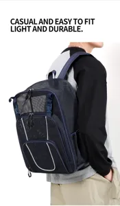 Detail view of the dark blue mesh breathable sports backpack, showing durable construction.