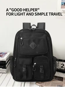 Black mesh backpack with multi pockets, large capacity casual travel daypack for men and women.