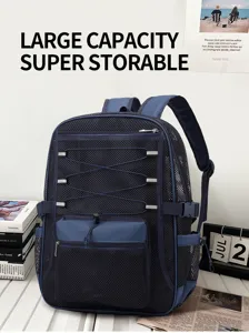 Detailed view of the dark blue mesh backpack showcasing breathable fabric and large capacity design.