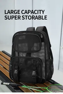 Zaino in rete nera di grande capacità con tasche multiple per viaggi e uso quotidiano.