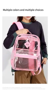 Detailansicht des transparenten PVC-Rucksacks mit mehreren Taschen und rosa Riemen.