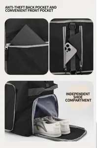 Bolsa de viaje negra con bolsillo antirrobo, almacenamiento frontal y zapatero independiente.