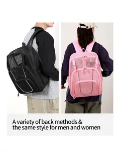 Mesh hollow sports backpack detail view, breathable double shoulder bag for outdoor sports.