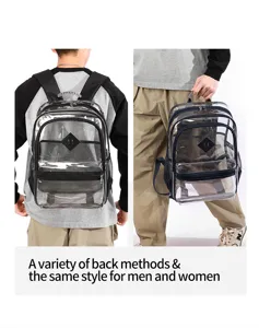 Transparenter PVC Rucksack Detailansicht mit mehreren Taschen und flexiblen Tragemethoden.