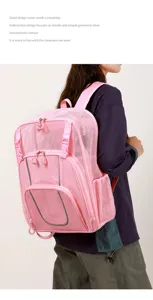Pink mesh hollow backpack for outdoor sports and basketball, featuring breathable mesh and pockets.
