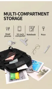 Zaino in rete nera con scomparti multipli, ideale per viaggi, spiaggia e uso scolastico.