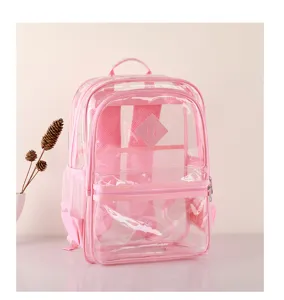 Detailansicht des rosa PVC transparenten Rucksacks mit mehreren Taschen fuer Schueler und Events.