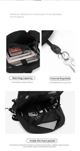 Detail view of the black mesh backpack showing interior capacity and multiple storage pockets.