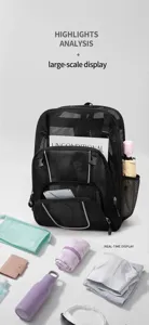Black mesh backpack detail view showcasing breathable fabric, reflective safety strips and storage.