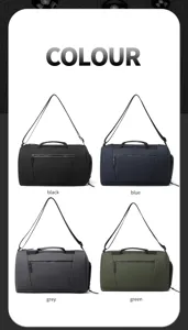 Dettaglio della borsa da viaggio multicolore con quattro opzioni di colore e spallacci.