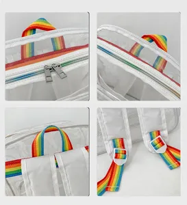 Vista dettagliata dello zaino trasparente in PVC, borsa approvata per stadio con cinghie arcobaleno.
