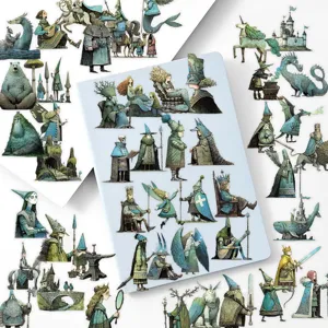 Primer plano de pegatinas PET de cuentos de hadas con dragones fantásticos y criaturas mágicas.