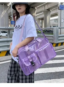 Borsa a tracolla da viaggio in rete PVC viola trasparente, grande borsa da spiaggia impermeabile.