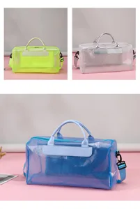 Close-up details of transparent PVC mesh travel duffel bag showing durable zippers and straps.