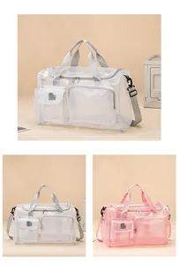 PVC mesh travel bag detail showing transparent compartments, durable handles, and spacious design.
