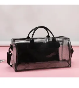 Clear PVC mesh travel duffel bag large capacity gym sports bag with adjustable shoulder strap.