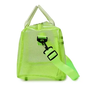 Neon green transparent PVC mesh travel duffel bag with shoulder strap beach bag.